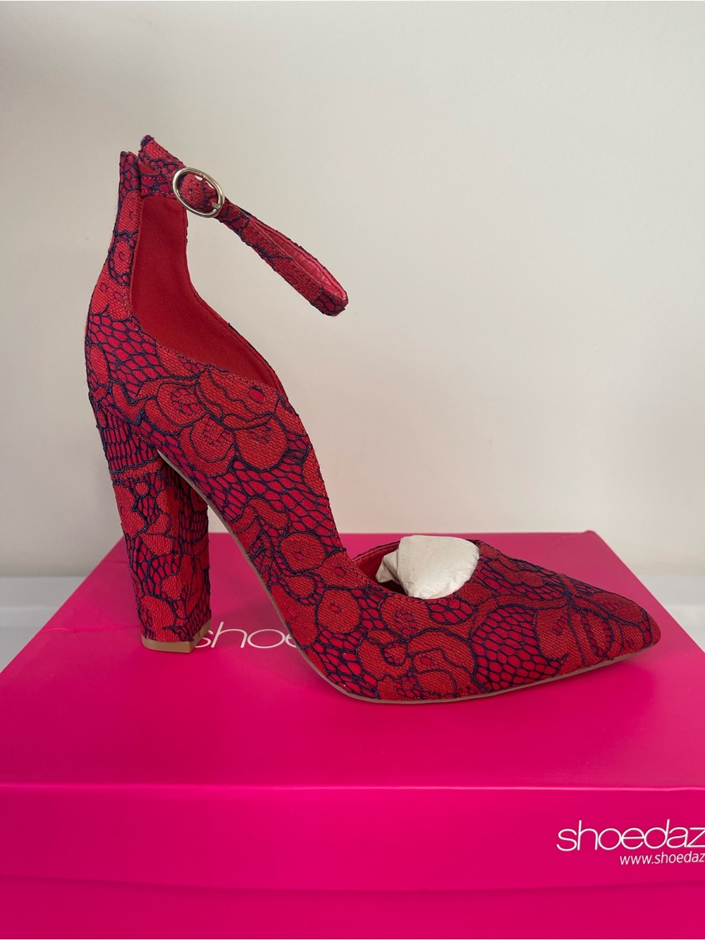 Shoe Dazzle Red Lace Pointed Ankle-Strap Block Heel